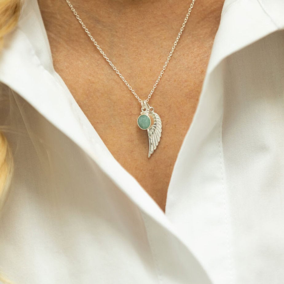 Silver angel wing and aquamarine birthstone necklace TigerLily