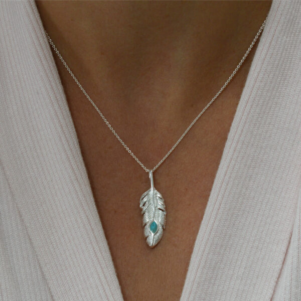 Silver feather necklace inset with turquoise - TigerLily Jewellery