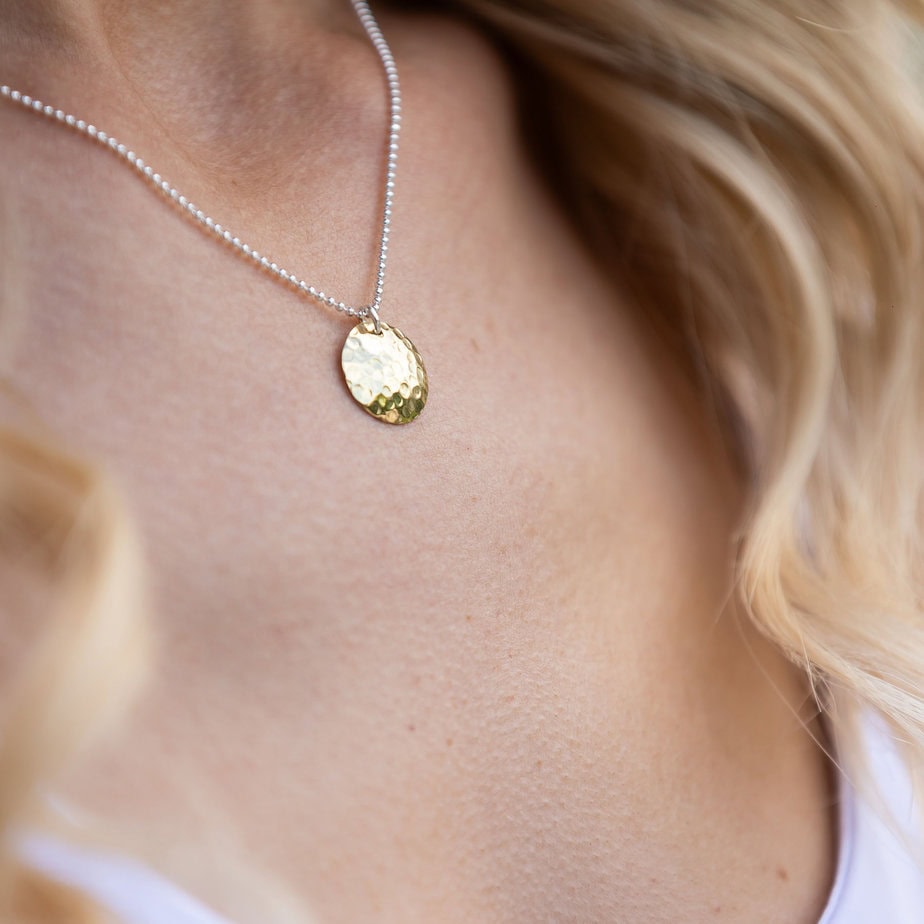 Hammered disc necklace with silver ball chain TigerLily Jewellery