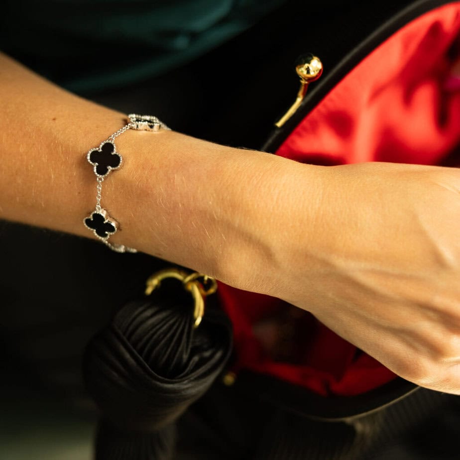 Silver and black four leaf clovers bracelet TigerLily Jewellery