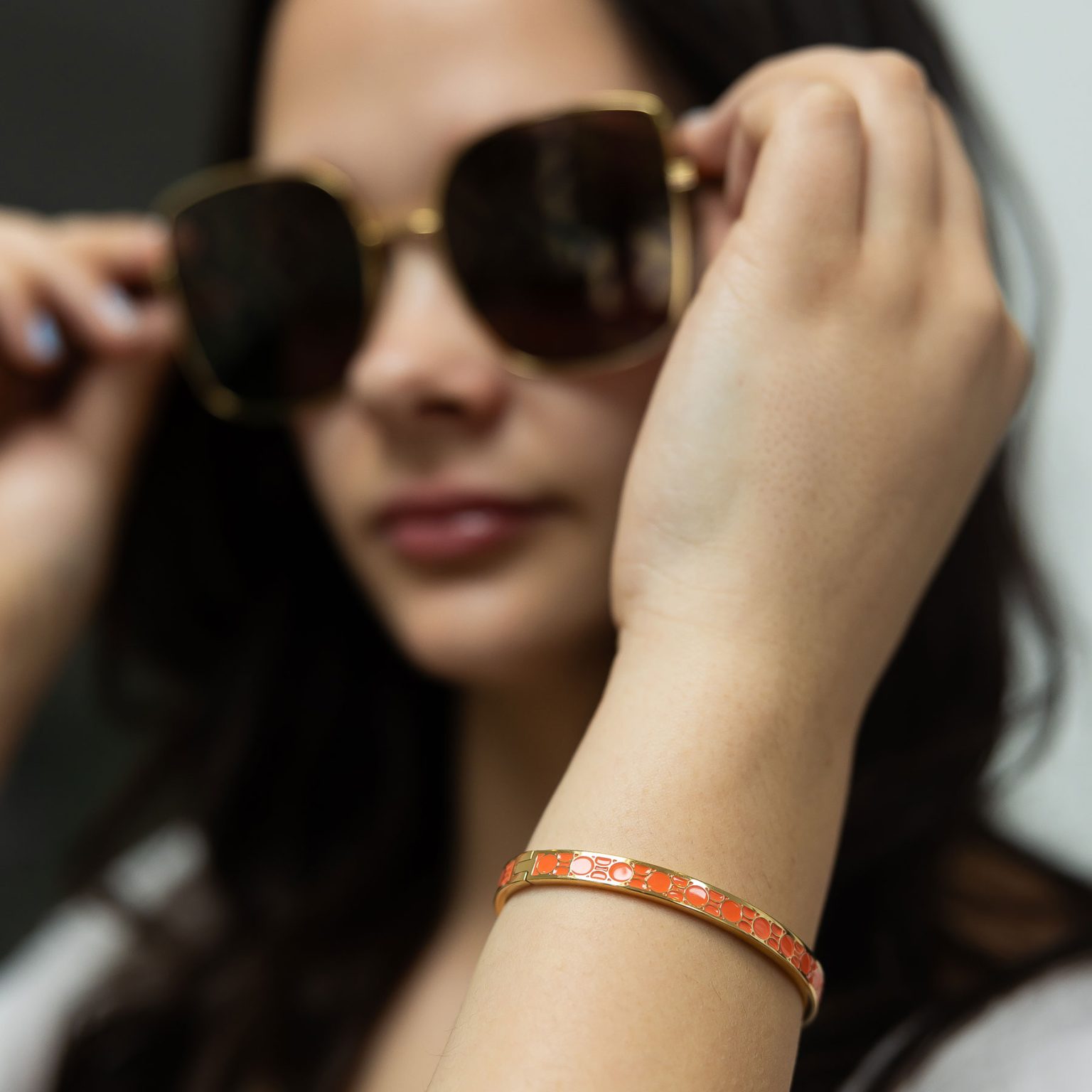 Coral enamel mosaic bangle