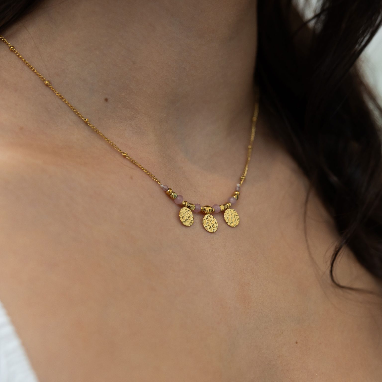 Rose quartz and disc necklace