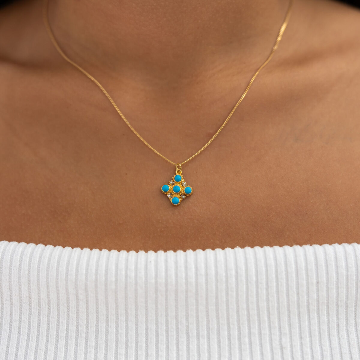 Turquoise and mini pearls cross necklace