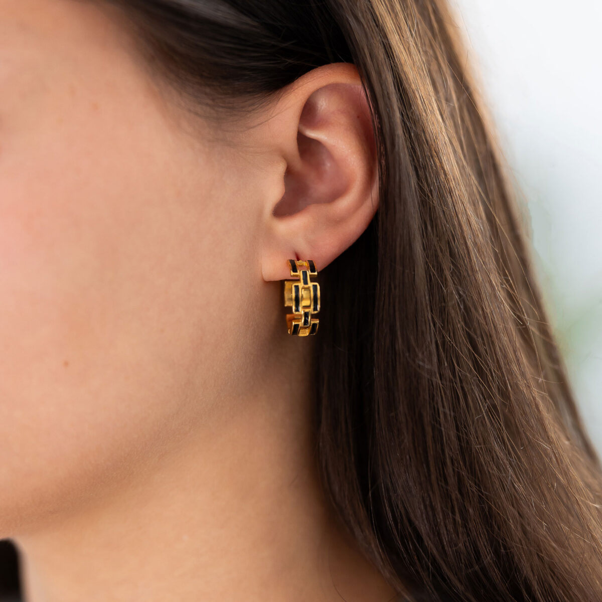 Black enamel link hoop earrings