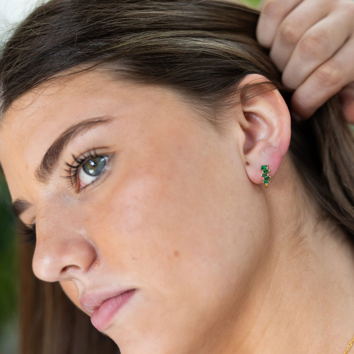Emerald block huggie earrings