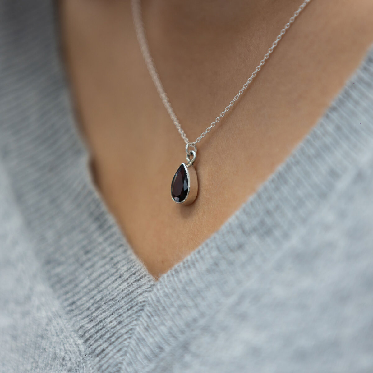 Garnet teardrop and silver necklace