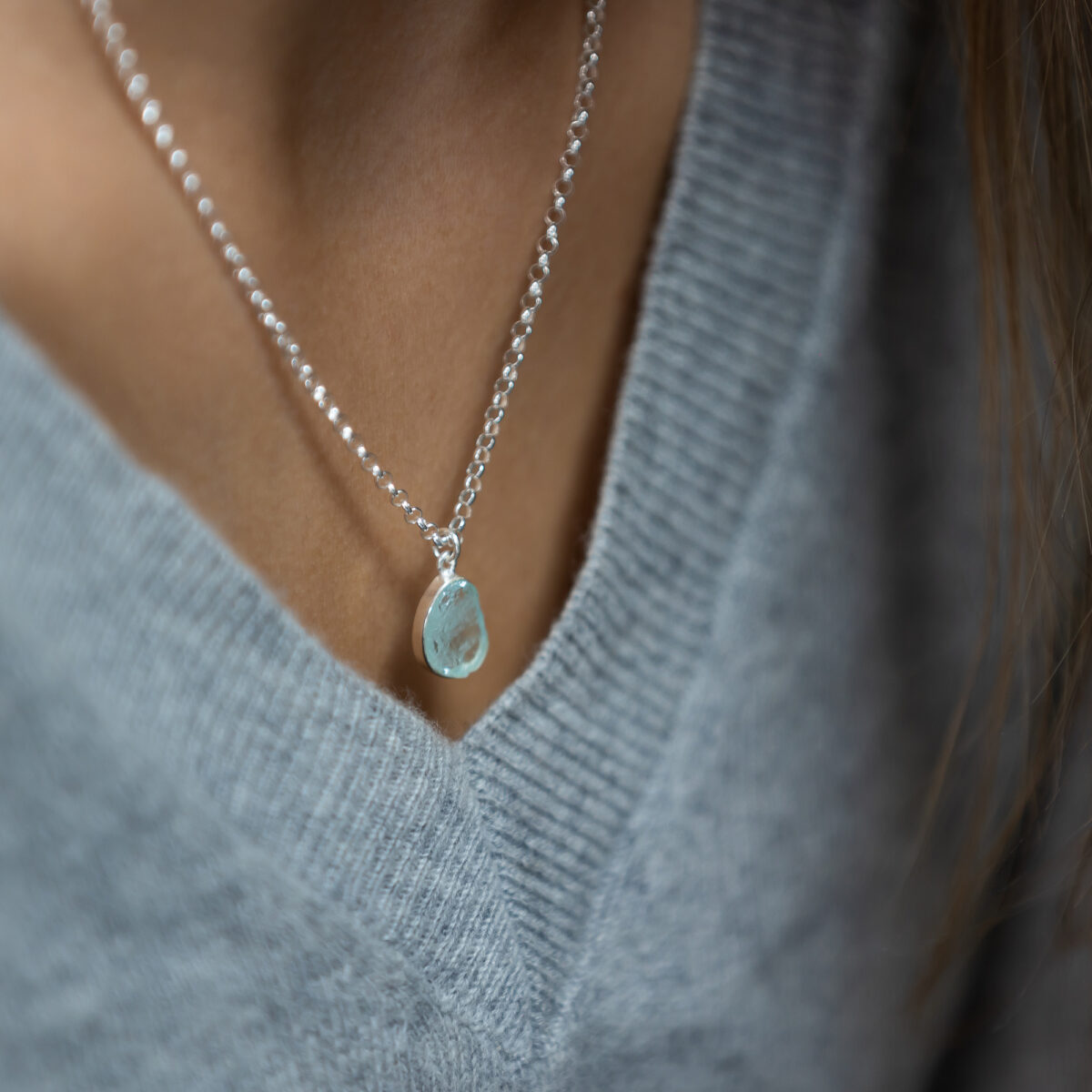 Raw aquamarine and silver necklace